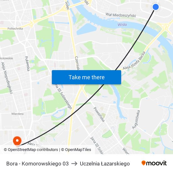 Bora - Komorowskiego 03 to Uczelnia Łazarskiego map