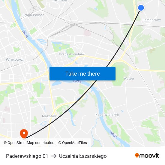 Paderewskiego 01 to Uczelnia Łazarskiego map