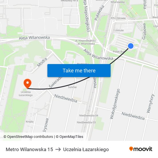 Metro Wilanowska 15 to Uczelnia Łazarskiego map