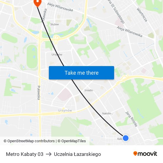 Metro Kabaty 03 to Uczelnia Łazarskiego map