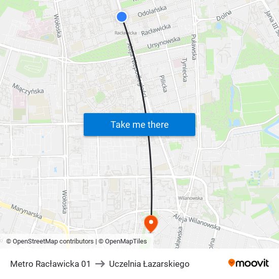 Metro Racławicka to Uczelnia Łazarskiego map