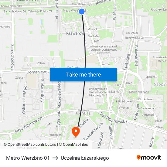 Metro Wierzbno to Uczelnia Łazarskiego map