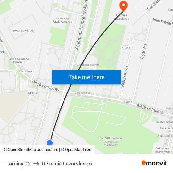 Tarniny 02 to Uczelnia Łazarskiego map