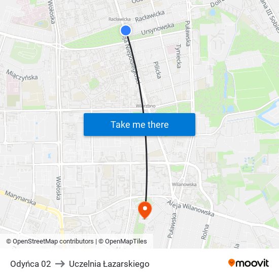 Odyńca 02 to Uczelnia Łazarskiego map