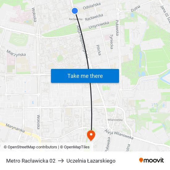 Metro Racławicka 02 to Uczelnia Łazarskiego map