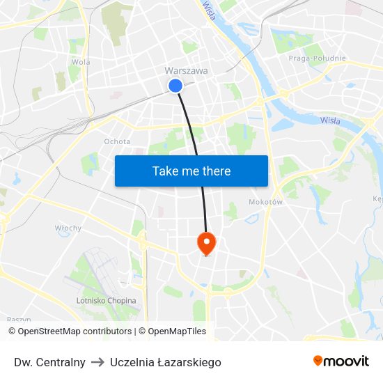 Dw. Centralny to Uczelnia Łazarskiego map