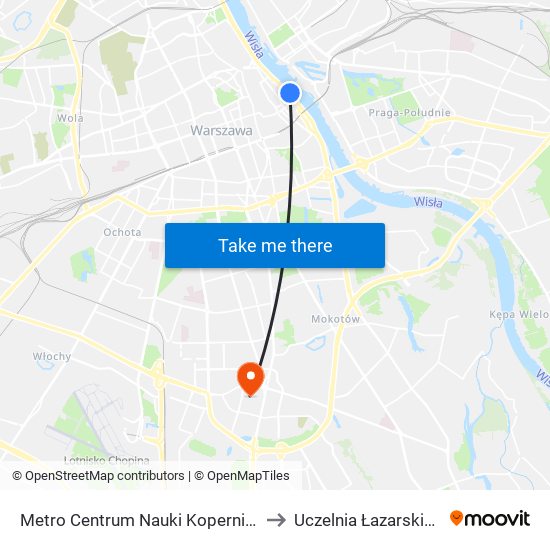 Metro Centrum Nauki Kopernik to Uczelnia Łazarskiego map