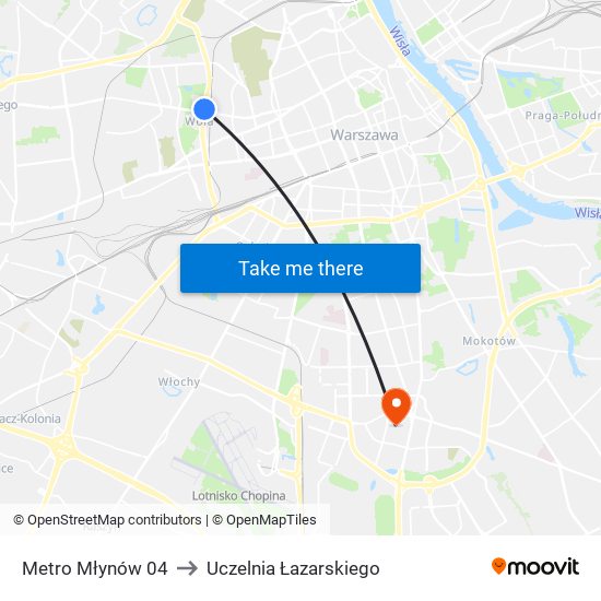 Metro Młynów to Uczelnia Łazarskiego map