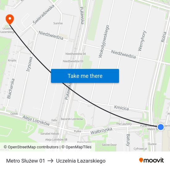 Metro Służew to Uczelnia Łazarskiego map