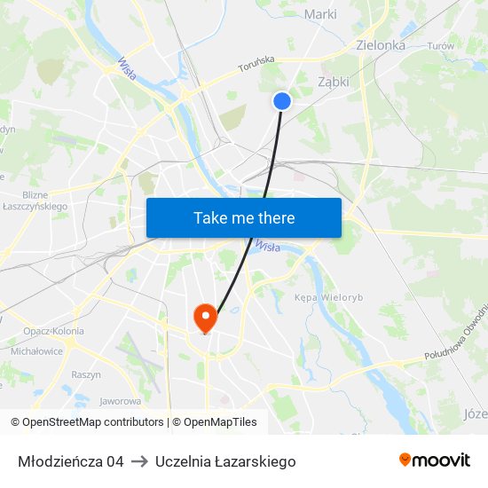 Młodzieńcza 04 to Uczelnia Łazarskiego map