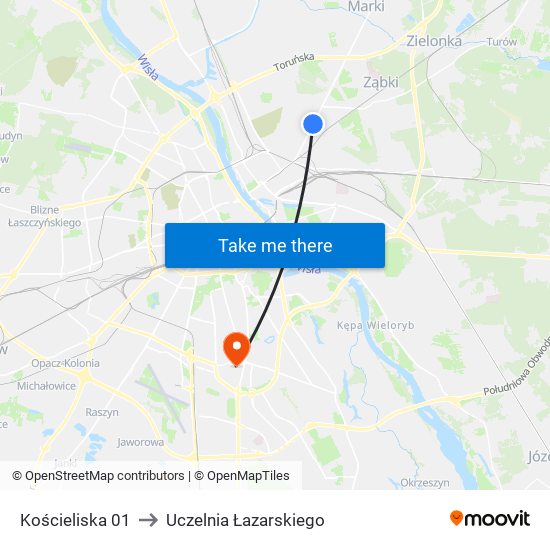 Kościeliska 01 to Uczelnia Łazarskiego map