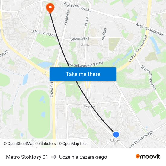 Metro Stokłosy to Uczelnia Łazarskiego map