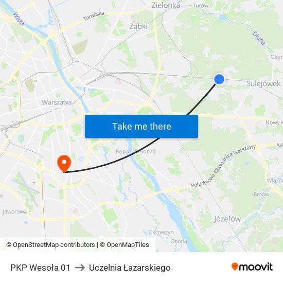 PKP Wesoła to Uczelnia Łazarskiego map