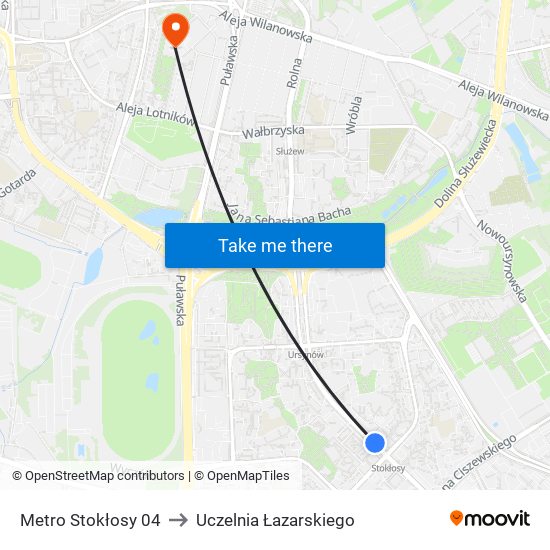 Metro Stokłosy to Uczelnia Łazarskiego map