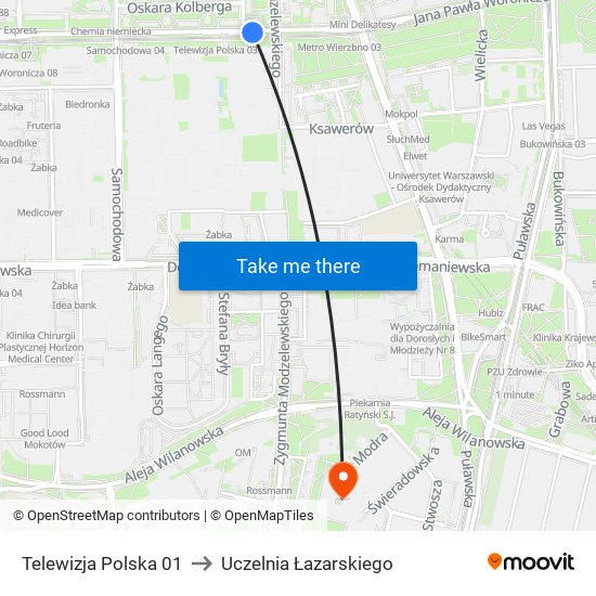 Telewizja Polska 01 to Uczelnia Łazarskiego map