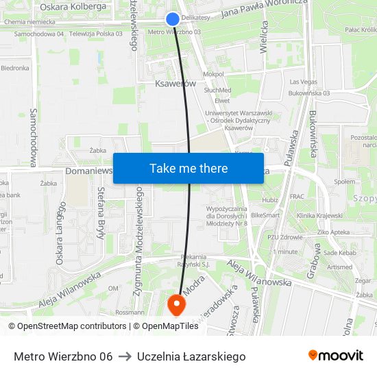 Metro Wierzbno 06 to Uczelnia Łazarskiego map