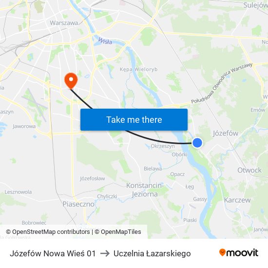 Józefów Nowa Wieś to Uczelnia Łazarskiego map