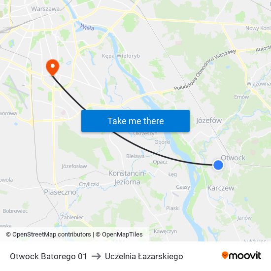 Otwock Batorego to Uczelnia Łazarskiego map