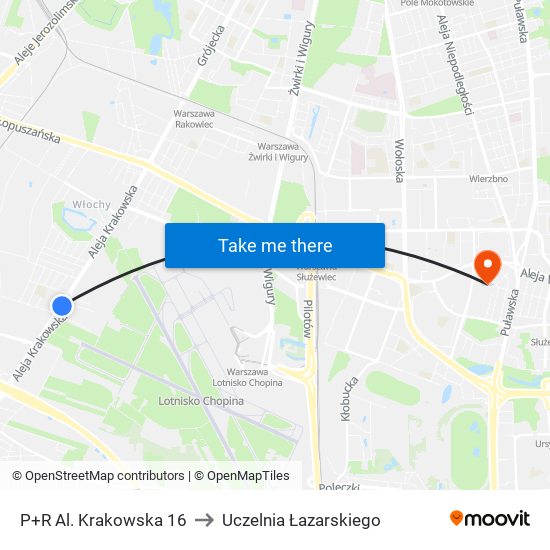 P+R Al. Krakowska 16 to Uczelnia Łazarskiego map
