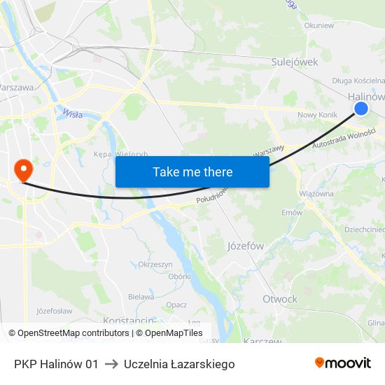 PKP Halinów to Uczelnia Łazarskiego map