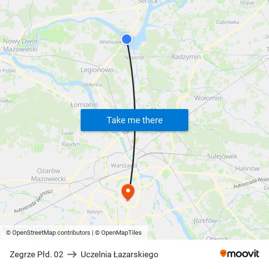 Zegrze Płd. to Uczelnia Łazarskiego map