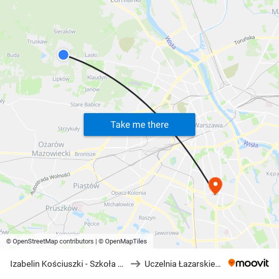 Izabelin Kościuszki - Szkoła 01 to Uczelnia Łazarskiego map