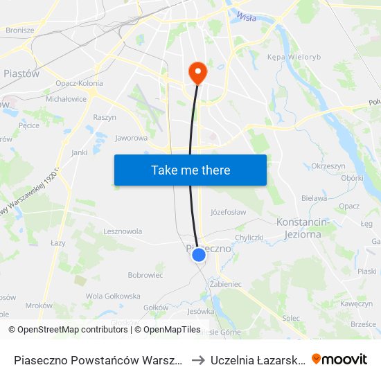 Piaseczno Powstańców Warszawy 02 to Uczelnia Łazarskiego map