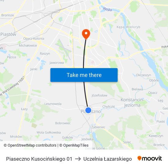 Piaseczno Kusocińskiego to Uczelnia Łazarskiego map