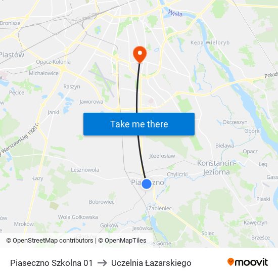 Piaseczno Szkolna 01 to Uczelnia Łazarskiego map