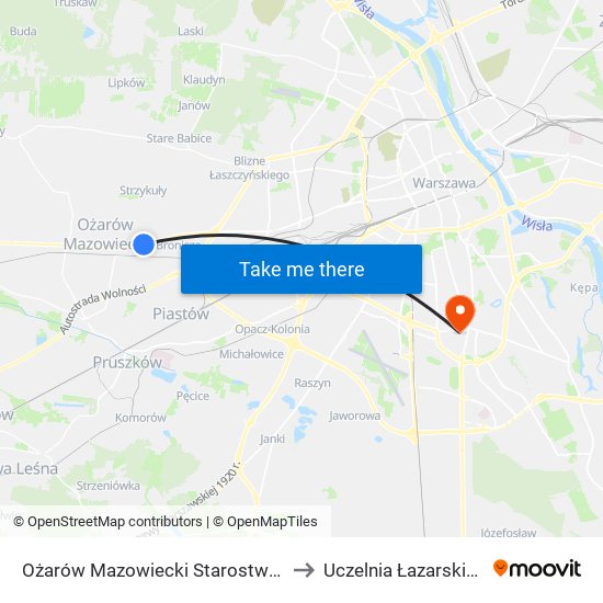 Ożarów Mazowiecki Starostwo 01 to Uczelnia Łazarskiego map