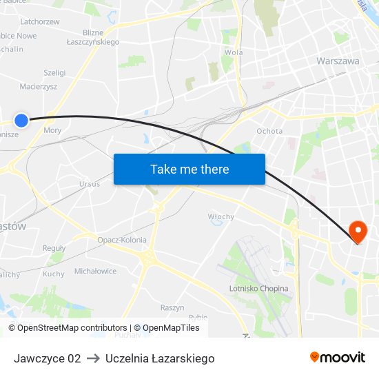 Jawczyce 02 to Uczelnia Łazarskiego map