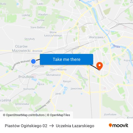 Piastów Ogińskiego 02 to Uczelnia Łazarskiego map