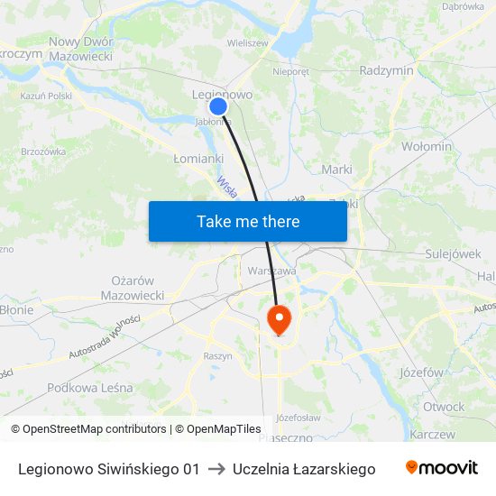 Legionowo Siwińskiego to Uczelnia Łazarskiego map