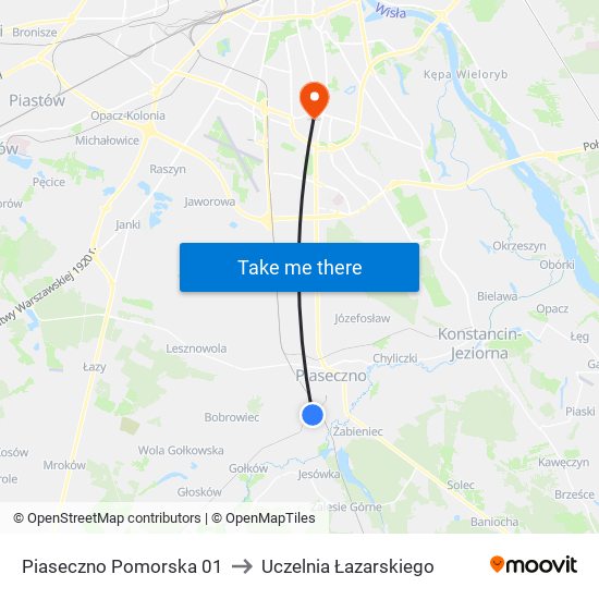 Piaseczno Pomorska 01 to Uczelnia Łazarskiego map
