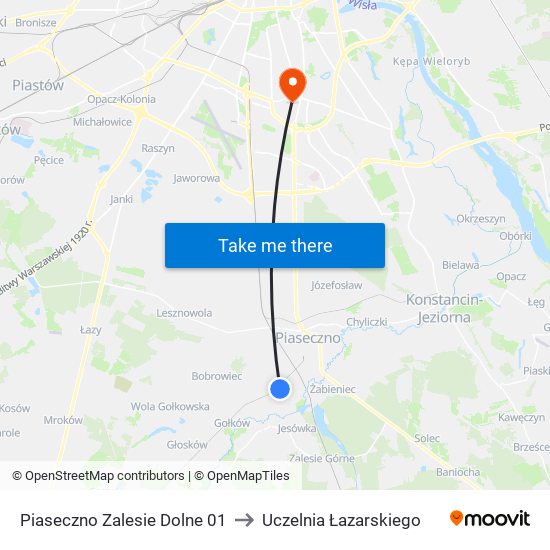 Piaseczno Zalesie Dolne to Uczelnia Łazarskiego map