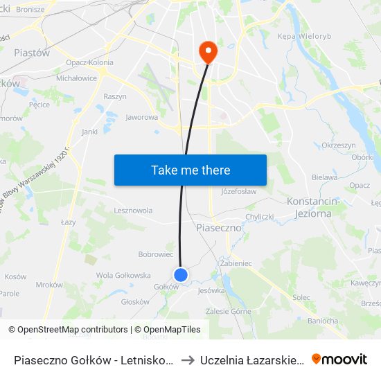 Piaseczno Gołków - Letnisko 01 to Uczelnia Łazarskiego map