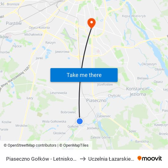 Piaseczno Gołków - Letnisko 02 to Uczelnia Łazarskiego map