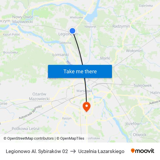 Legionowo Al. Sybiraków to Uczelnia Łazarskiego map