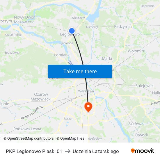 PKP Legionowo Piaski 01 to Uczelnia Łazarskiego map