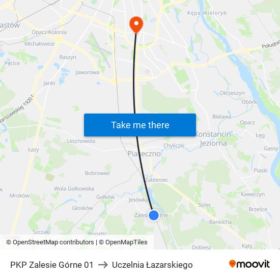 PKP Zalesie Górne 01 to Uczelnia Łazarskiego map