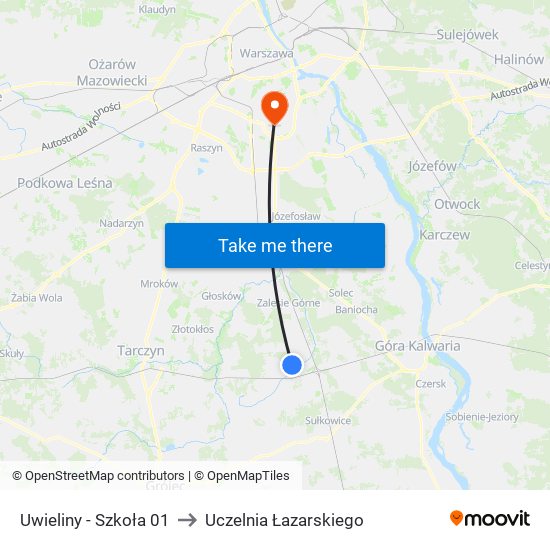 Uwieliny - Szkoła 01 to Uczelnia Łazarskiego map