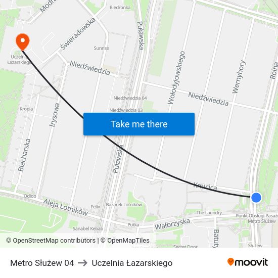 Metro Służew to Uczelnia Łazarskiego map