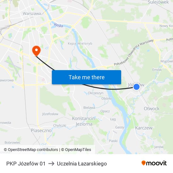 PKP Józefów to Uczelnia Łazarskiego map