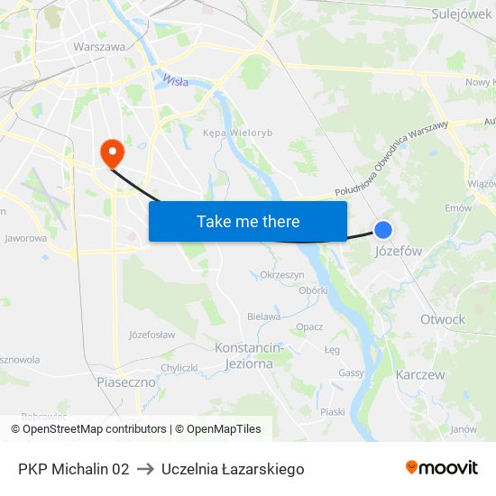 PKP Michalin 02 to Uczelnia Łazarskiego map