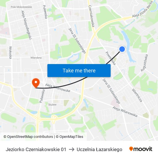 Jeziorko Czerniakowskie 01 to Uczelnia Łazarskiego map