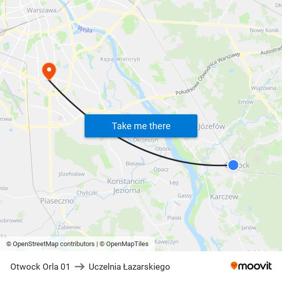 Otwock Orla 01 to Uczelnia Łazarskiego map