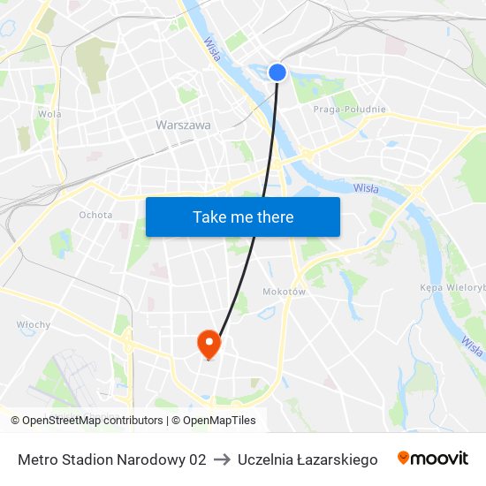 Metro Stadion Narodowy 02 to Uczelnia Łazarskiego map