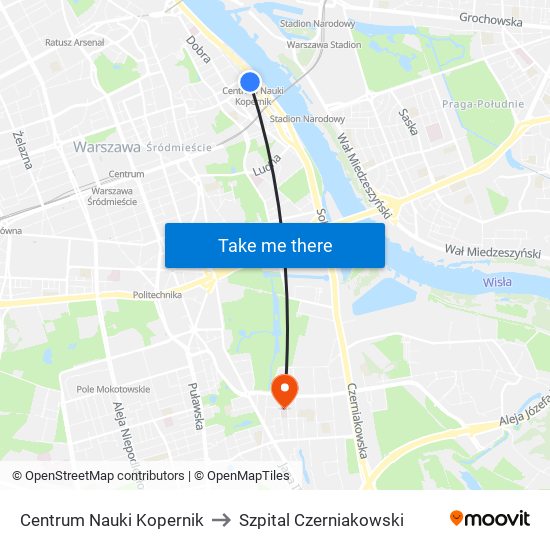 Centrum Nauki Kopernik to Szpital Czerniakowski map