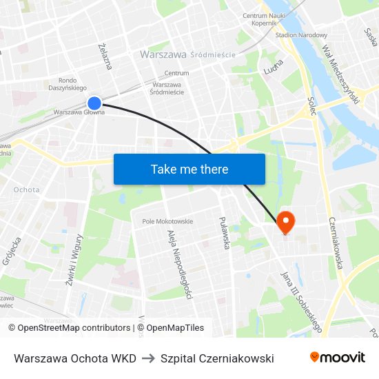 Warszawa Ochota WKD to Szpital Czerniakowski map