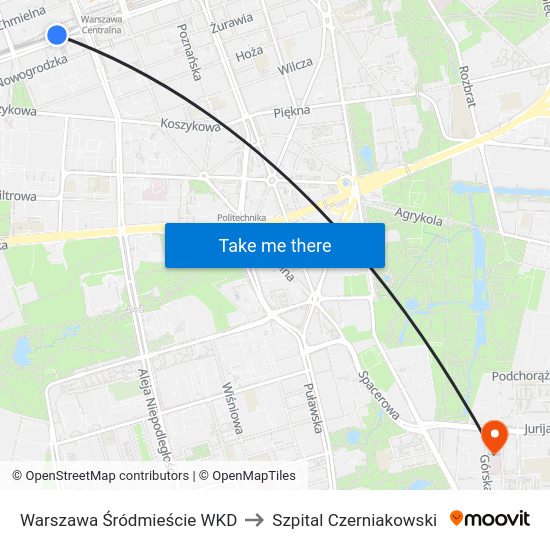 Warszawa Śródmieście WKD to Szpital Czerniakowski map